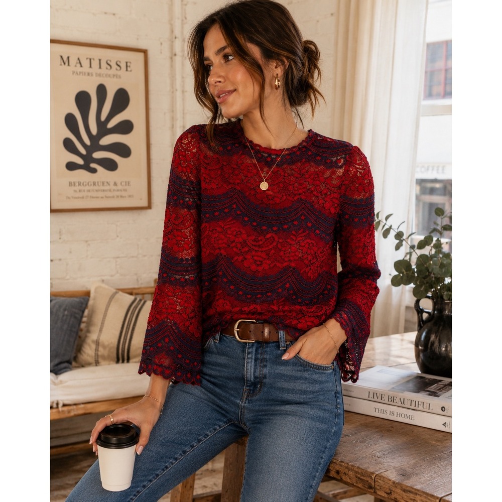 Chic Romantic Paris Red Lace Scalloped Long Sleeve Boho Feminine Cocktail Sz M